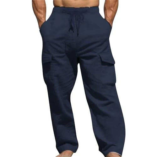 Mens Linen Pants Casual Cargo Trouser Pants Drawstring Loose Fit Baggy Trousers Summer Beach Comfort