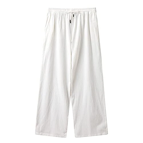 Mens Linen Pants Plus Size Palazzo Pants Sports Solid Color Wide Leg Trousers with Pockets Flowy Hippie Lounge Pants Soft Capris Stretch Pull-On Work Pants (Beige, XXXXXL)