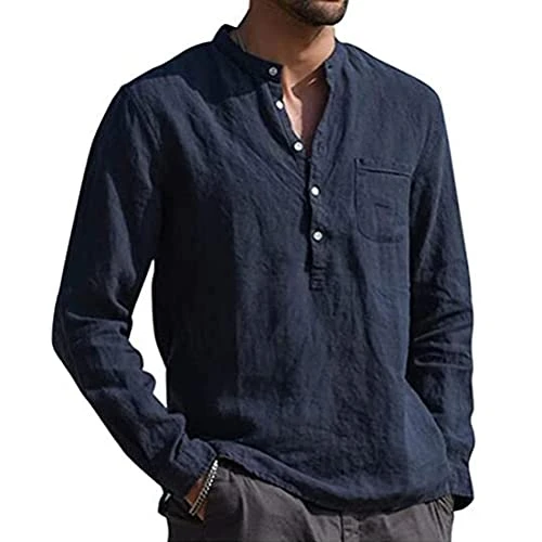 Mens Linen Shirt Long Sleeve Solid Button Down Casual Summer Beach Shirts B Navy XL