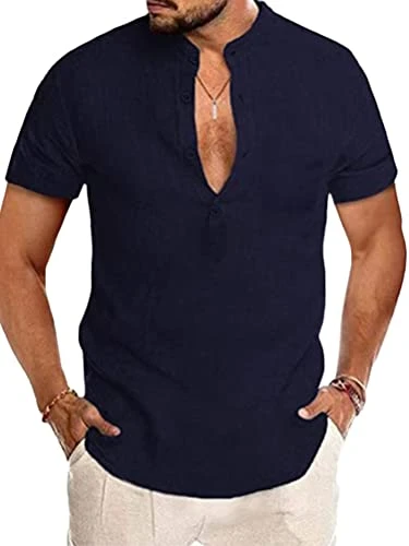 Mens Linen Shirt T Shirt Summer Tops Short Sleeve Casual Regular Fit Tee Shirts C Navy XL