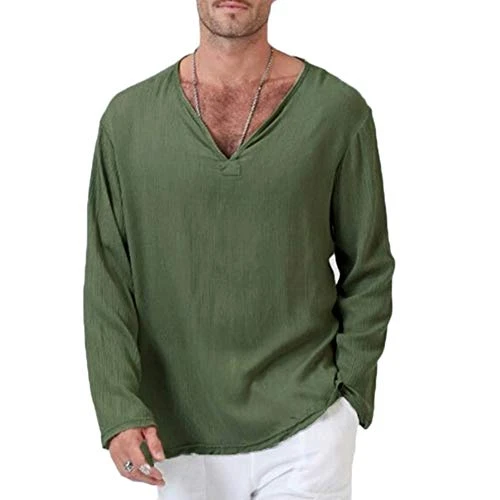 Mens Linen Shirts Casual Collarless Long Sleeve T Shirt Army Green XL