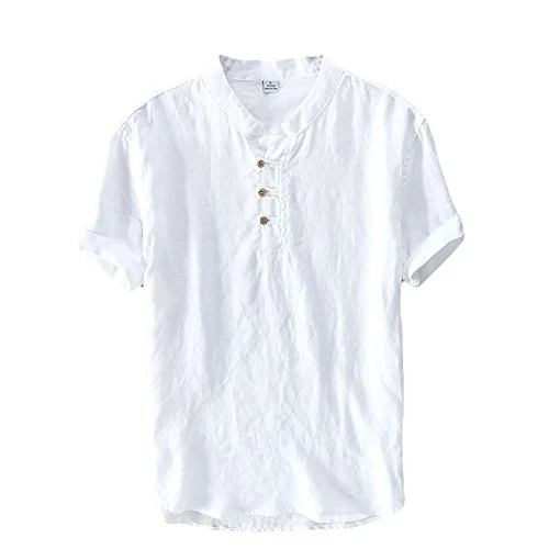 Mens Linen Shirts Casual Collarless Short Sleeve T Shirt White M