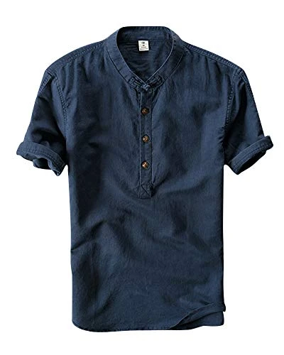 Mens Linen Shirts Casual Stand Collar Short Sleeve Solid T Shirt Navy XXL