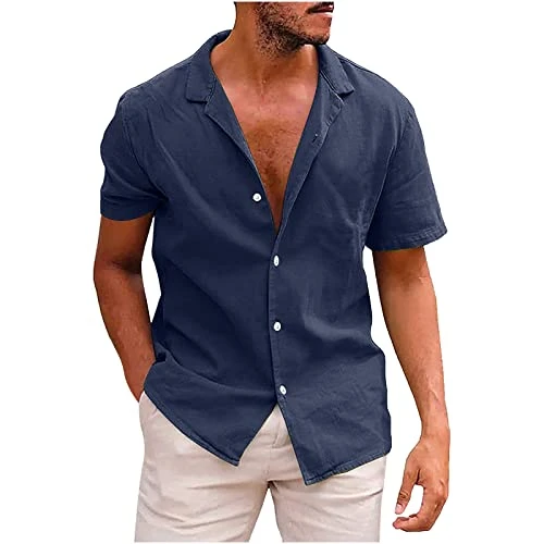 Mens Linen Shirts Short Sleeve Casual Dress Tshirts Plain Button Down Collar Work Blouses Loose Ligh