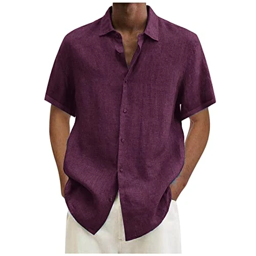 Men's Linen Shirts Short Sleeve Regular Fit Tops Casual Solid Top Collar Button Down Work Formal Shi