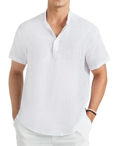 Mens Linen Shirts Short Sleeve Summer Beach Holiday Henley Shirt Lightweight Plain White Grandad Col