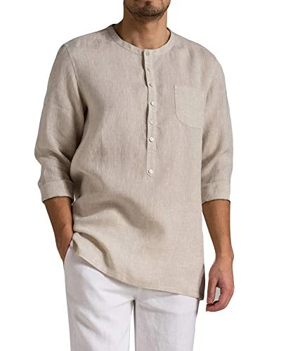 Mens Linen Shirts Vintage Casual 3/4 Long Sleeve Tops Loose Fit Beige 2XL