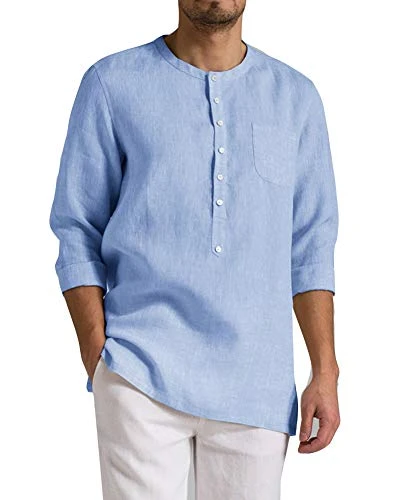 Mens Linen Shirts Vintage Casual 3/4 Long Sleeve Tops Loose Fit Sky Blue XL