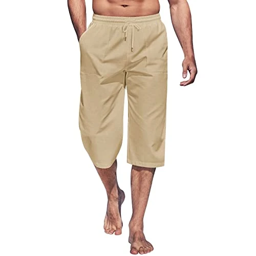 Men's Linen Shorts 3/4 Length Trousers Summer Trousers Bermuda Summer Three-Quarter Cargo Trousers L