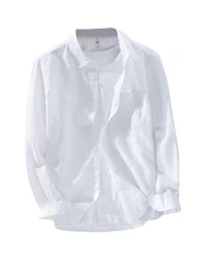 Mens Linen Slim Fit Breathable Long Sleeve Casual Solid Color Shirt White L