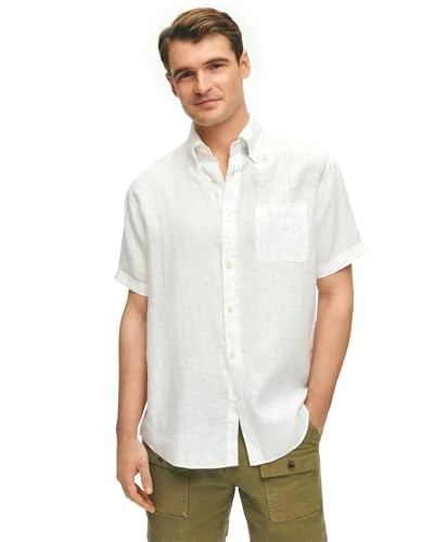 Men's Linen Sport Shirt Short Sleeve Solid Button, White, Large