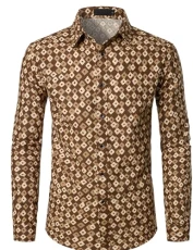 Men's Linen Stylish African Traditional Pattern Printed Long Sleeve Button up Shirt, Coffee, 3XL