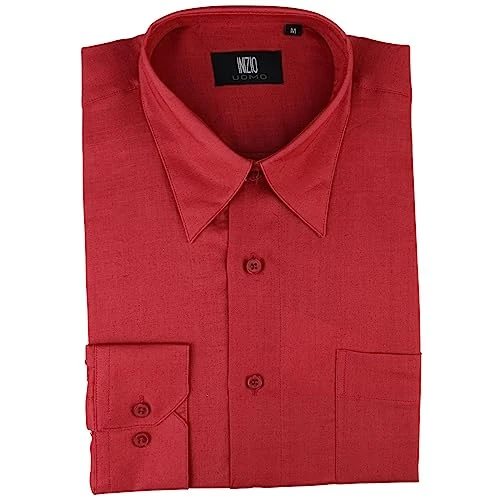 Mens Linen Summer Shirt Breathable Fabric Classic Full Sleeve - Red S