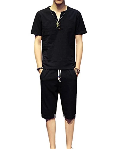 Men's Linen V Neck Short Sleeve T-Shirt and Summer Shorts Slim Fit Solid Color Suits with Button Dec