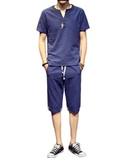Men's Linen V Neck Short Sleeve T-Shirt and Summer Shorts Slim Fit Solid Color Suits with Button Decoration Sapp Blue XL