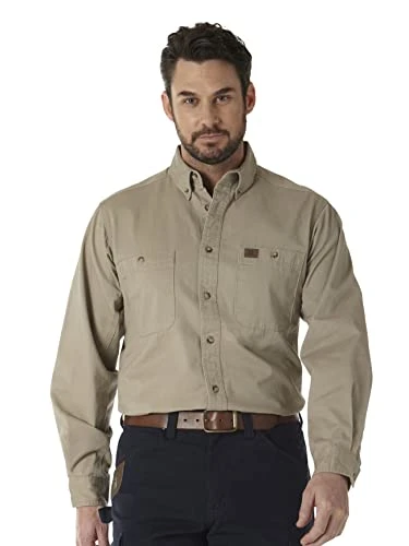 Men's Logger Twill Long Sleeve Workshirt SHIRT, Khaki, XL