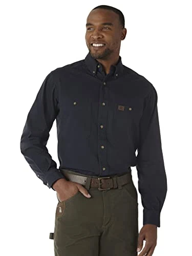 Men's Logger Twill Long Sleeve Workshirt SHIRT, Navy, L