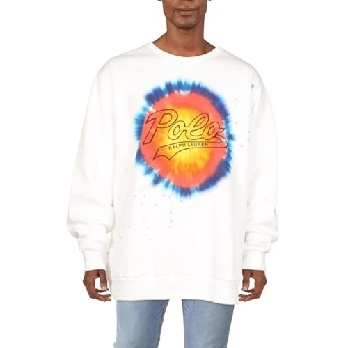 Men's Logo Tie-Dye-Print Long Sleeve Fleece Sweatshirt Wht XX-Large, White, XXL