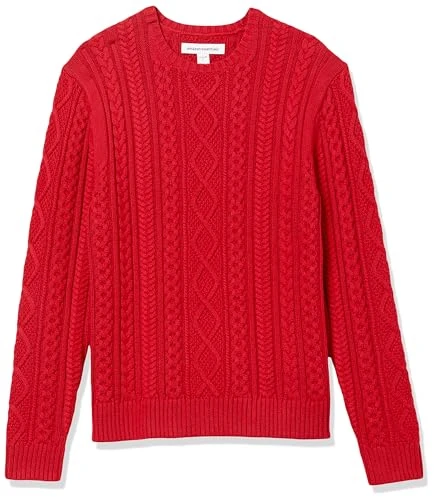 Men's Long-Sleeve 100% Cotton Fisherman Cable Crewneck Jumper, Red, M