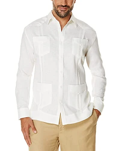 Men's Long Sleeve 100% Linen Guayabera Button Down Shirt, Bright White, L UK