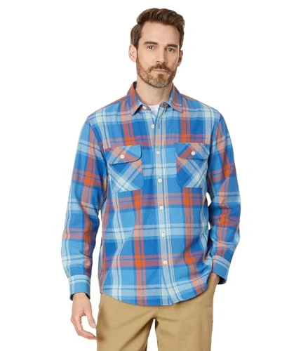 Men's Long Sleeve Beach Shack Shirt, Faded Indigo/Fire Red Plaid, Large