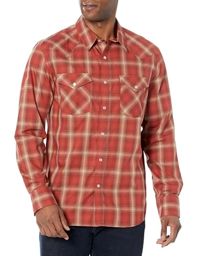 Men's Long Sleeve Bishop Shirt Button, Fire Red/Tan Plaid, XL