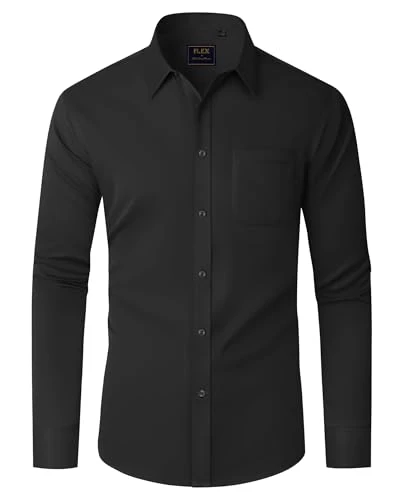 Men's Long Sleeve Black Dress Shirt Plain Stretch Non Iron Regular Fit Business Casual Formal Shirt 