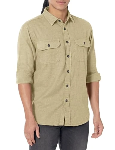 Men's Long Sleeve Burnside Flannel Shirt Button, Tan/Green Heather, Medium