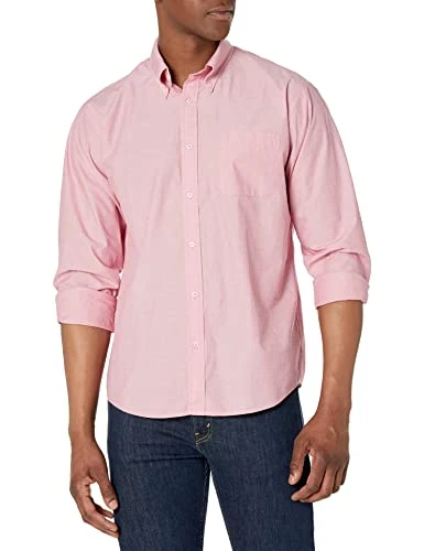 Men's Long Sleeve Button Down Cotton Poplin Friday Sport Shirt, Solid, Light Red, Medium