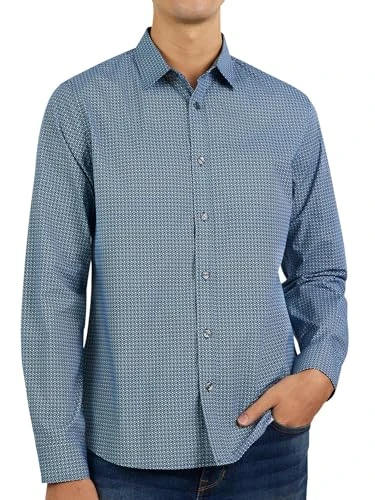 Men's Long Sleeve Button Down Shirt - Printed Mens Casual Button Up Shirts, Cerulean Blue, XL