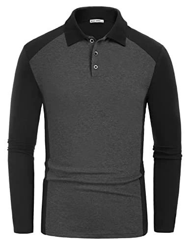 Men's Long Sleeve Color Block Polo Shirts Fashion Vintage Casual Golf Shirts, Black/Grey, XXL