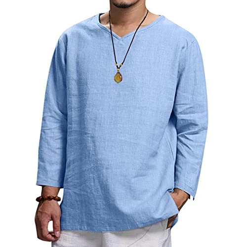 Men's Long Sleeve Cotton Linen Summer Casual T-Shirts Crew Neck Beach Yoga Tops Blouse Tees Light Bl