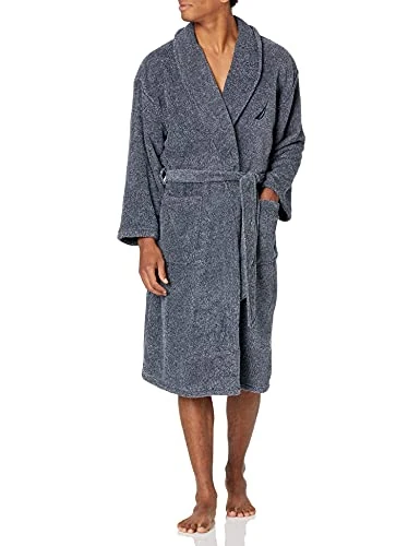 Men's Long Sleeve Cozy Soft Plush Shawl Collar Robe Bathrobe, Navy (Kr06f7), One Size