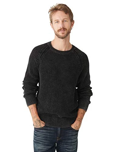 Men's Long Sleeve Crew Neck Washed Sweater Pullover, Black Indigo, XXL