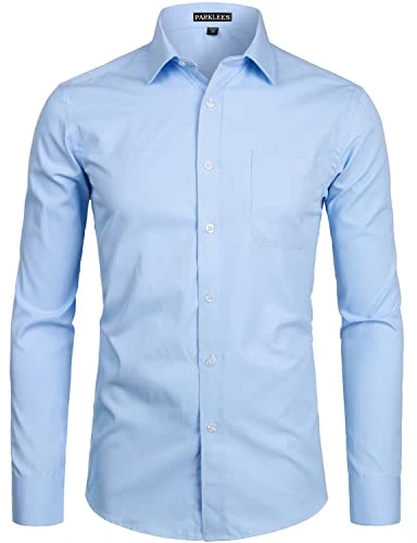 Men's Long Sleeve Dress Shirt Solid Slim Fit Casual Business Formal Button Up Shirts with Pocket Blu