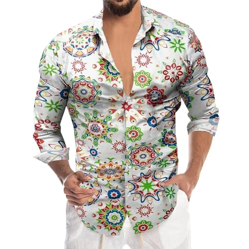 Mens Long Sleeve Floral Business Hem Button Print Leisure Floral Shirt Mens Fitted Button Down (D3-W