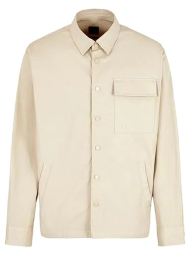 Men's Long Sleeve Front Pocket Overshirt. Loose Fit Button Down Shirt, Beige,