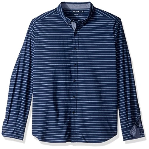 Men's Long Sleeve Horizontal Stripe Button Down Shirt, Marine Blue, XL