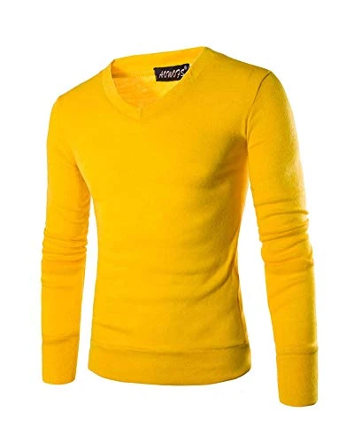 Mens Long Sleeve Jumper Knitted Pullover V-Neck Knitwear Casual Top Yellow S