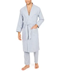 Men's Long-Sleeve Lightweight Cotton Woven-Robe Bathrobe, Grey, L-X-L