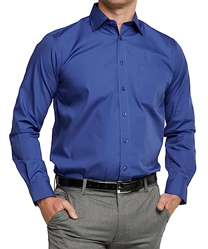 Men's Long Sleeve Plain Formal Shirt Non Iron Classic Fit Business Dress Shirt - Royal Blue, 21in Co