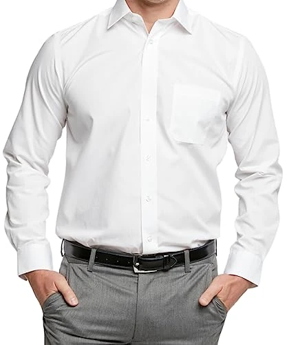 Men's Long Sleeve Plain Formal Shirt Non Iron Classic Fit Business Dress Shirt - White, 21in Collar