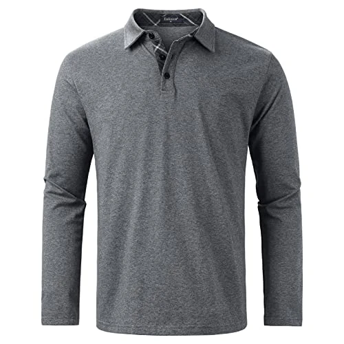 Mens Long Sleeve Polo Shirts Grey Polo Shirt Casual Golf Polo t-Shirts Cotton Polo Tops XL