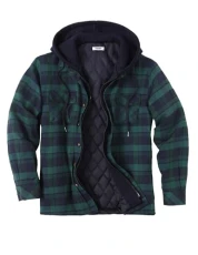 Men's Long Sleeve Quilted Lined Flannel Shirt Jacket with Hood, Blue & Green Plaid, Large
