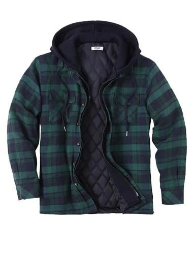 Men's Long Sleeve Quilted Lined Flannel Shirt Jacket with Hood, Blue & Green Plaid, Large