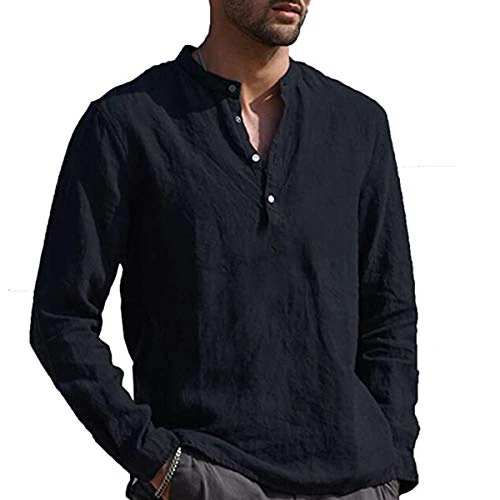 Men's Long Sleeve Shirt Cotton Linen Button T Shirt Summer Henley T-Shirt with Standing Neck Solid C