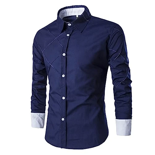 Mens Long Sleeve Shirt Design Sense Grid Line Design Casual Solid Color Shirts for Tall Men (Navy, X