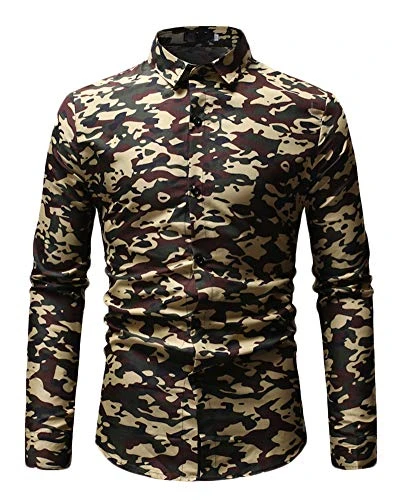 Men's Long Sleeve Shirt Lapel Camouflage Printing Pattern Slim Fit Lightweight Casual Shirt Army Gre