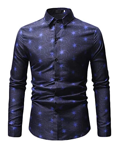 Men's Long Sleeve Shirt Lapel Personality Printing Long Sleeve Lightweight Casual Shirt Blue L