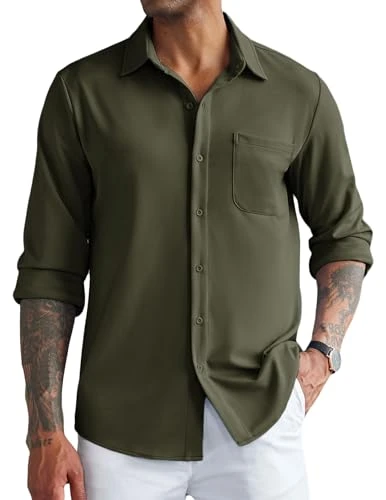 Mens Long Sleeve Shirt Plain Stretch Casual Non Iron Button Down Formal Shirts Regular Fit ArmyGreen